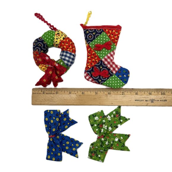 Lot of 4 Vintage Quilted Fabric Patchwork Christmas Tree Ornaments Handmade - Picture 8 of 12